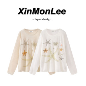 XinmonLee海星烫钻设计感长袖防晒T恤轻薄透气针织罩衫防晒服上衣