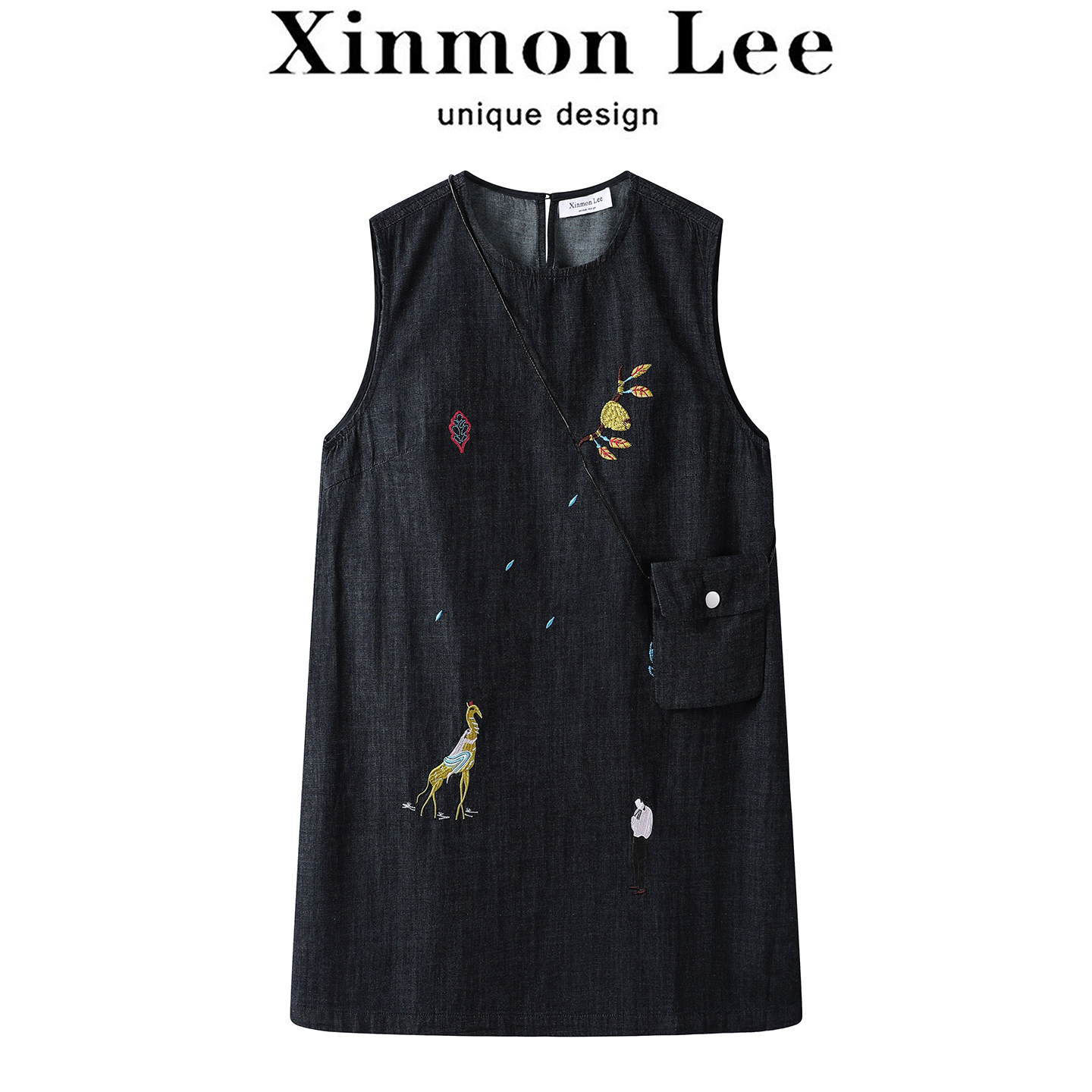 XinmonLee法式韩版气质休闲复古刺绣无袖牛仔连衣裙显瘦背心裙夏