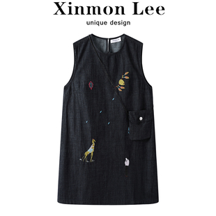 XinmonLee法式韩版气质休闲复古刺绣无袖牛仔连衣裙显瘦背心裙夏