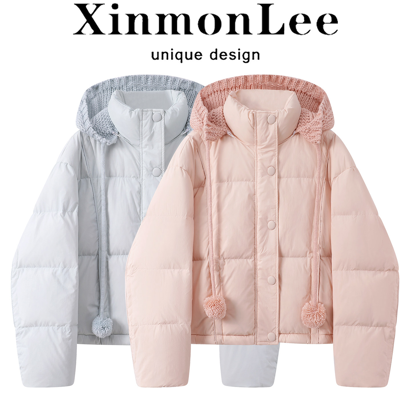 XinmonLee针织可拆卸连帽立领短款羽绒服冬季韩系显瘦面包服外套