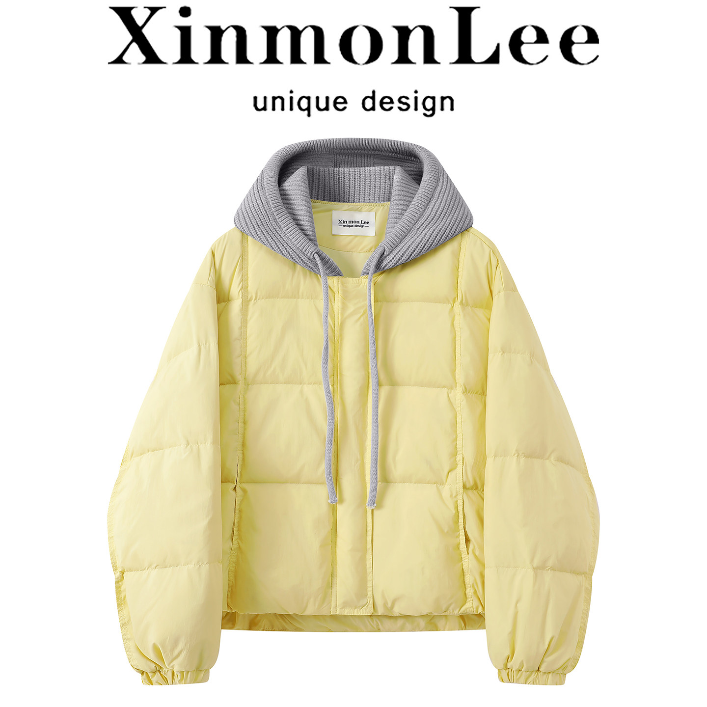 XinmonLee黄色减龄羽绒服泡芙外套小个子短款韩系保暖连帽假两件
