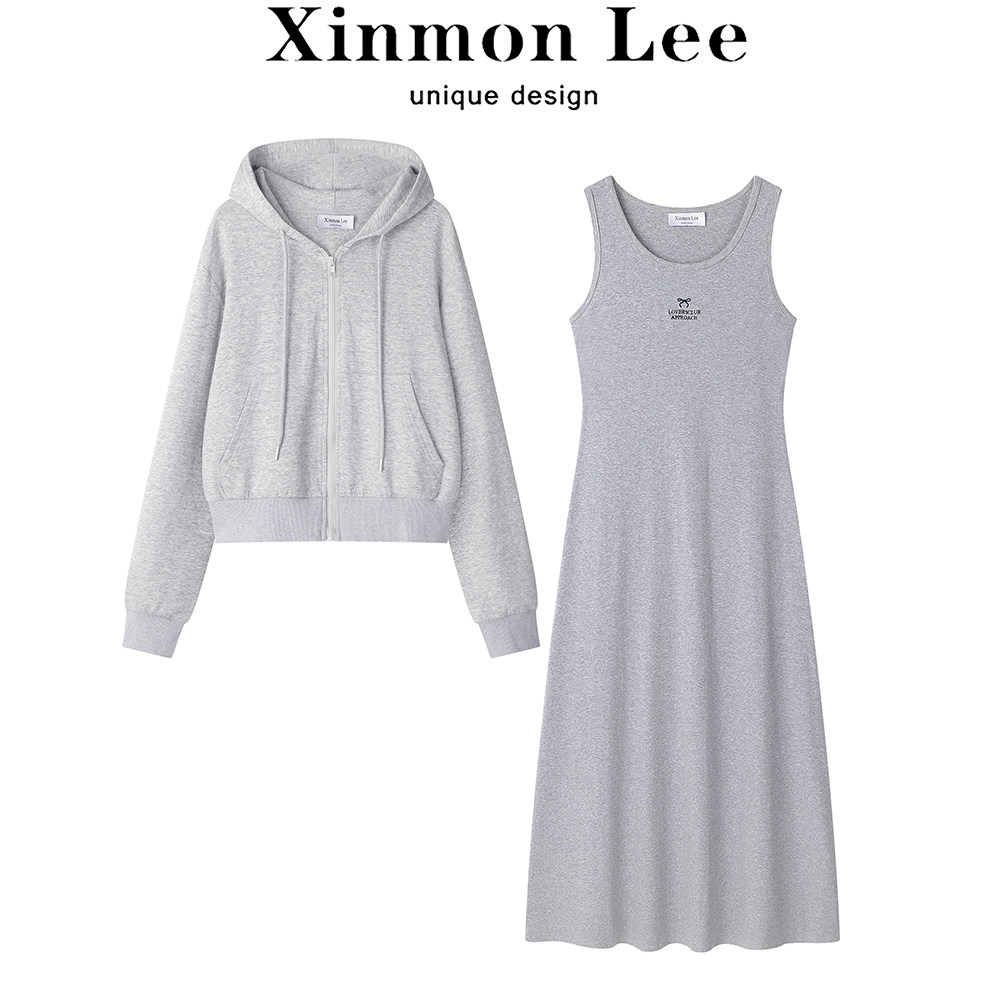 XinmonLee休闲别致洋气减龄短款卫衣外套无袖垂感修身长裙两件套