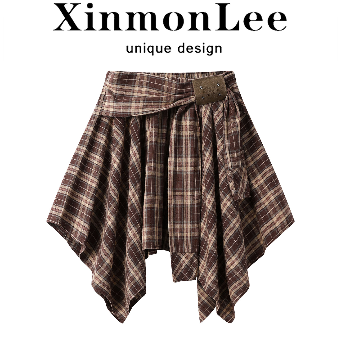 XinmonLee别致复古拼接假两件绑带格纹高腰半身裙秋季减龄不规则