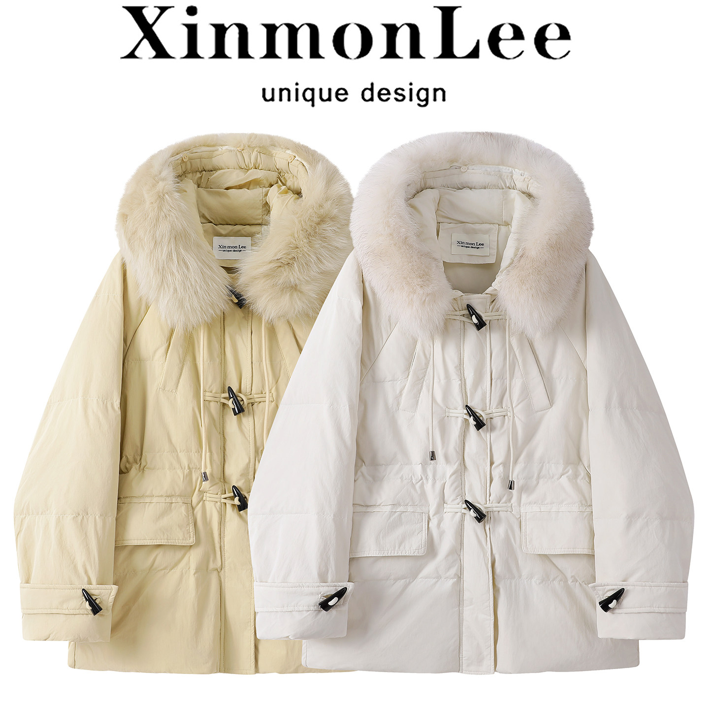 XinmonLee高级感减龄别致羽绒服外套冬季加厚轻薄牛角扣连帽大衣