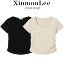 XinmonLee气质辣妹抽褶收腰显瘦短款上衣夏季正肩休闲短袖T恤女