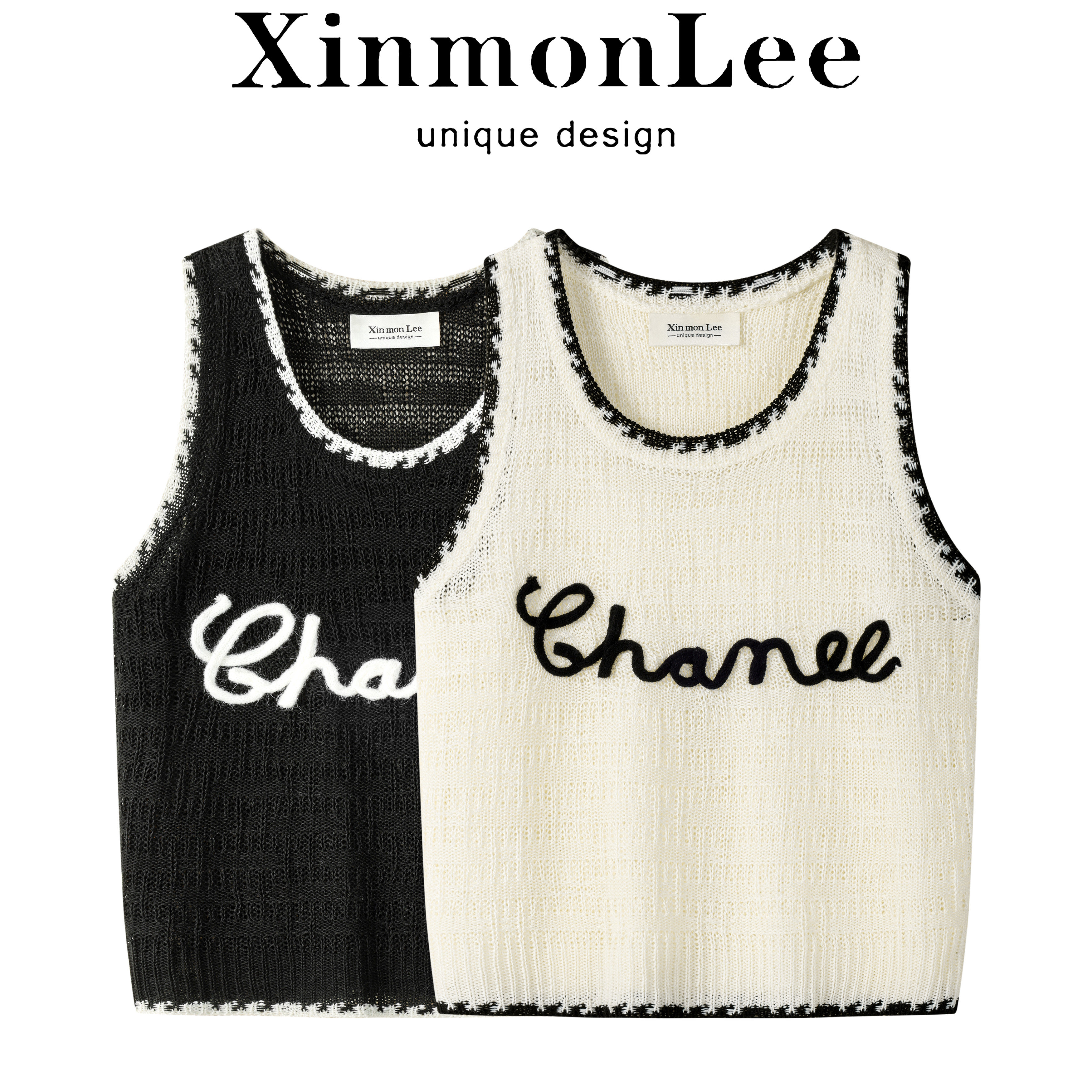 XinmonLee韩式圆领字母刺绣针织背心女短款外穿无袖上衣夏季新款