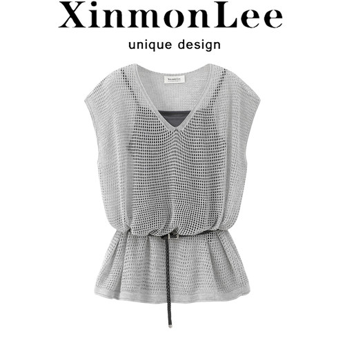 XinmonLee夏季休闲两件套收腰吊带背心镂空透气V领上衣时尚套装