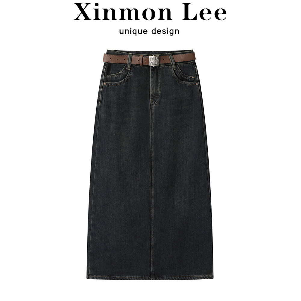 XinmonLee高腰加厚牛仔半身裙女秋季港风复古包臀开叉中长款裙子