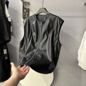 黑色PU皮马甲女宽松无袖 韩版 拉链机车服百搭坎肩外套 新款 2026春装