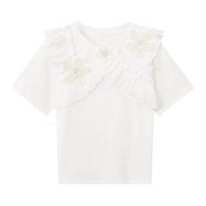 TR24891# 花朵钉珠荷叶边圆领T恤夏季韩版宽松显瘦雪纺拼接短袖上衣潮