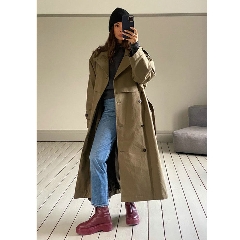 区别市场货 瑞典小众tot双排扣系带英伦风军绿色风衣外套女通勤