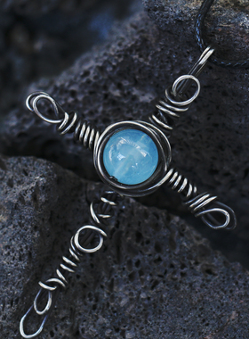 原创复古天然海蓝宝十字架项链