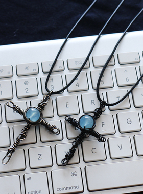 原创复古天然海蓝宝十字架项链