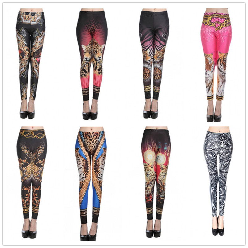 欧美数码复古链条花卉弹力打底裤