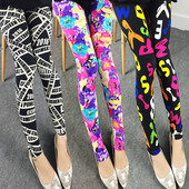 女裤 女卡通涂鸦印花彩色圆点字母竖条纹大码 印花打底裤 春秋新款