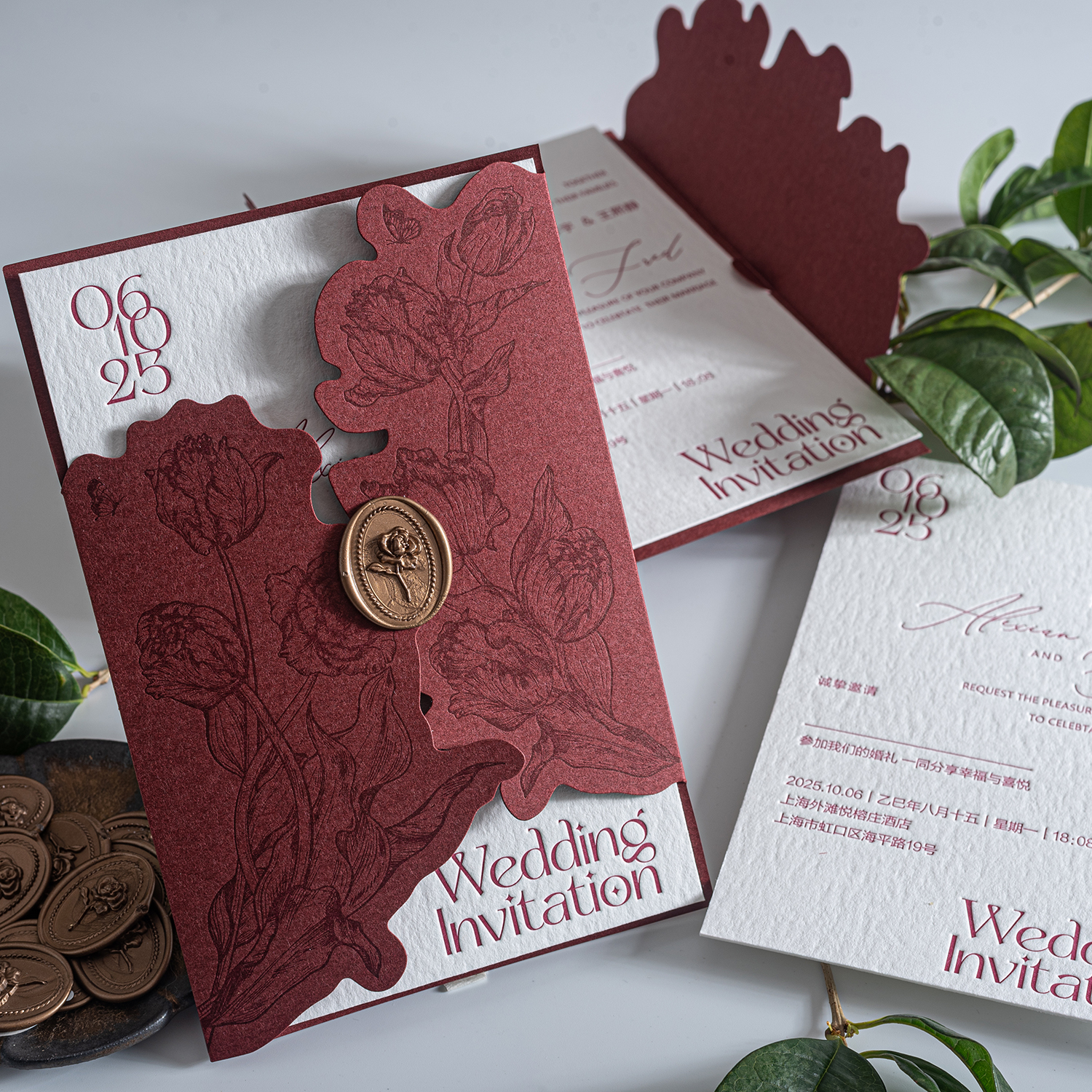 美美喜品letterpress结婚礼邀请函帖喜帖柬酒红色手工凹凸印版