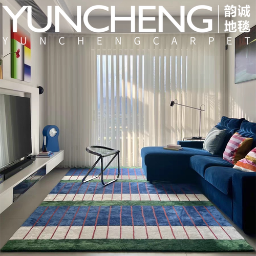 轻奢高级风蓝色多巴胺分贝客厅茶几地毯条纹卧室书房衣帽间床边毯