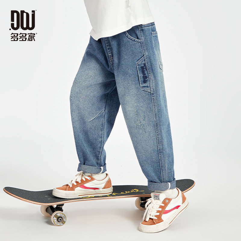 多多家男童牛仔裤春秋款时尚刺绣设计中大童宽松休闲长裤