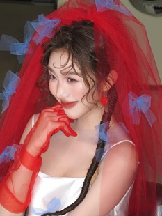 新娘结婚婚纱长款蓝色蝴蝶结红色头纱领证旅拍影楼拍照样片硬手套