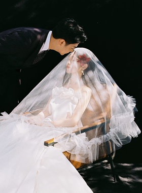 新娘结婚婚纱头纱头饰超仙森系韩式褶皱荷叶边摄影拍照样片造型白