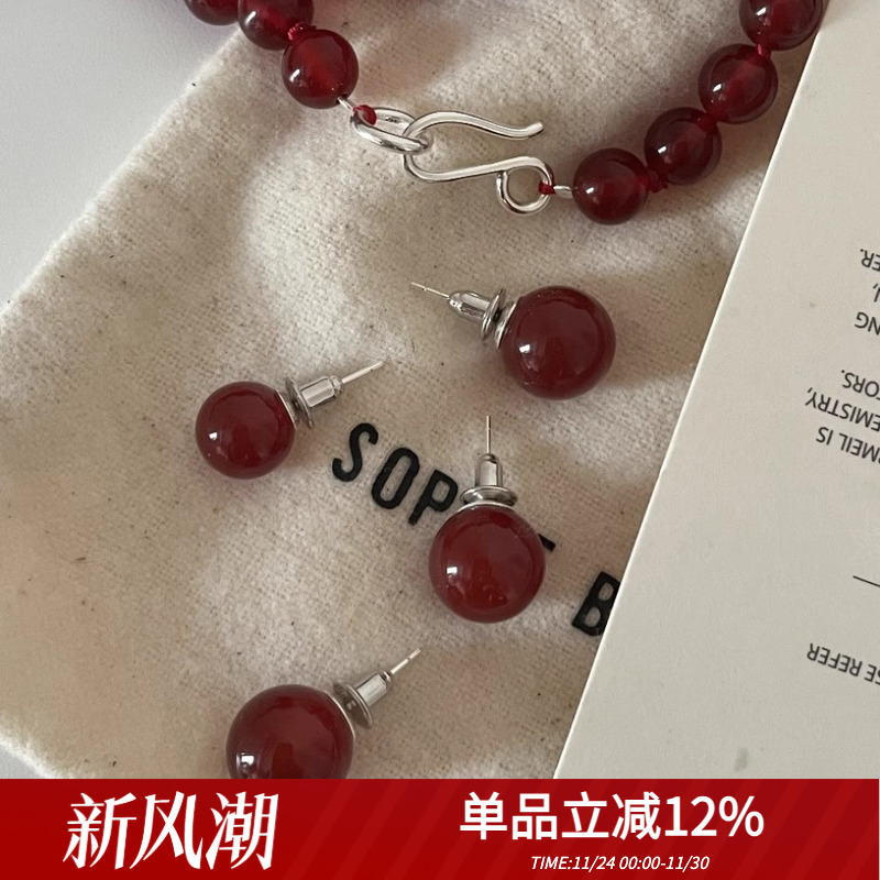 复古红玛瑙女纯银优雅耳钉