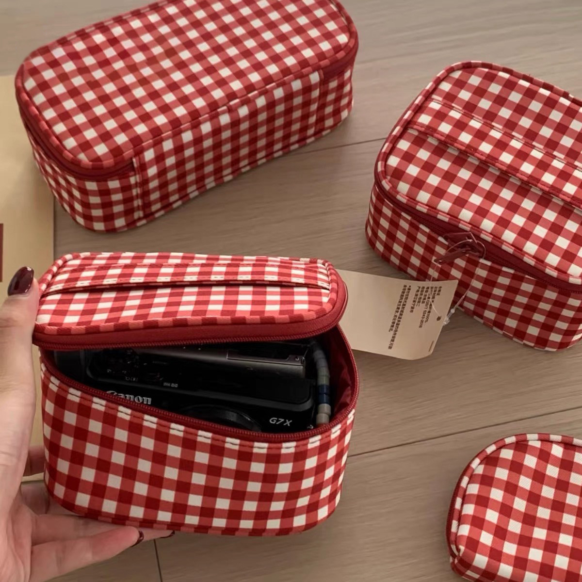 MUJI原单再生纤维复古红格子化妆包收纳包便携式旅行洗漱包收纳袋