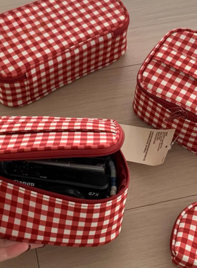 MUJI原单再生纤维复古红格子化妆包收纳包便携式旅行洗漱包收纳袋