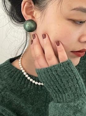 「圣诞绿」秋冬原创复古时髦圆球小众简约气质港风赫本耳钉耳夹女
