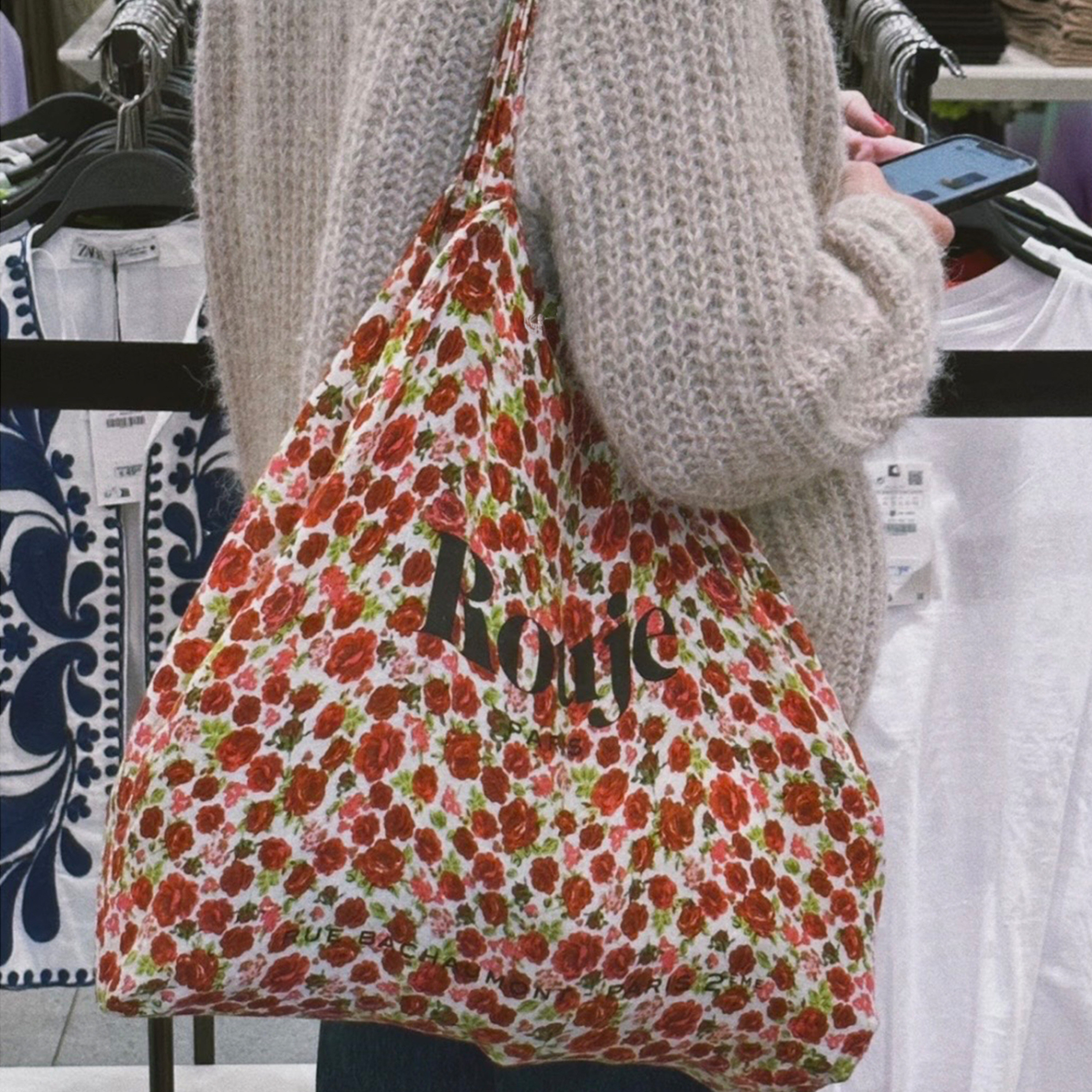 韩国Rouje复古蔷薇花棉麻风时尚字母单肩斜挎包帆布包通勤女包