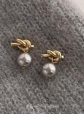 韩系纯银针真多麻灰珍珠耳钉几何耳环简约清冷通勤耳坠高级感耳环