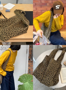 Retro自制韩版秋冬百搭时髦豹纹帆布包大容量托特包手提袋两色