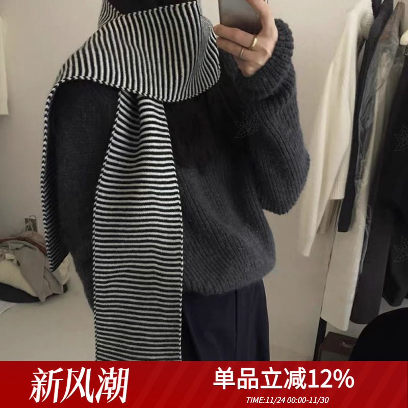 Retro经典100%绵羊毛黑白针织条纹围巾冬季新款百搭极简围脖女