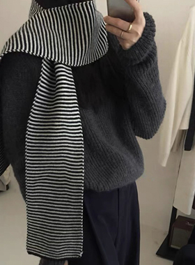 Retro经典100%绵羊毛黑白针织条纹围巾冬季新款百搭极简围脖女