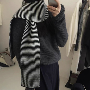 百搭极简围脖女 新款 Retro经典 100%绵羊毛黑白针织条纹围巾冬季