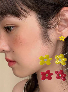 “春日小花”多巴胺红色黄色花朵珐琅工艺锆石百搭s925小耳钉耳环