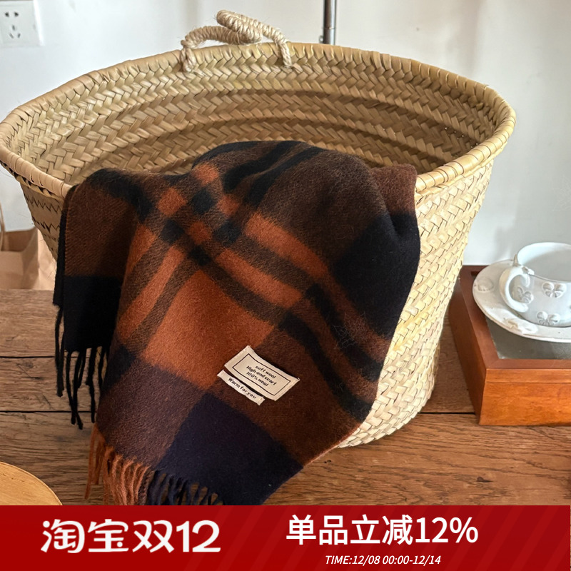 自制秋冬南瓜色格纹100%羊毛围巾