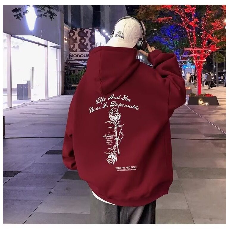 美式玫瑰印花宽松连帽卫衣男