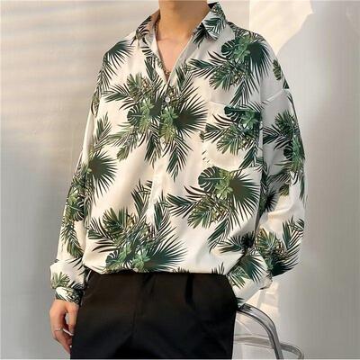 美式复古满印长袖宽松衬衫情侣