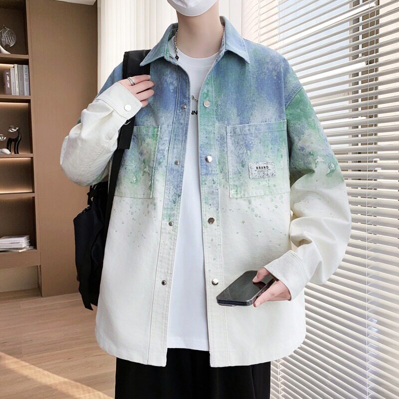 渐变色衬衫外套男套装2026春秋新款高级感扎染牛仔夹克青少年休闲