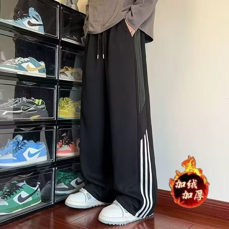条纹加绒休闲裤男秋冬三条杠卫裤