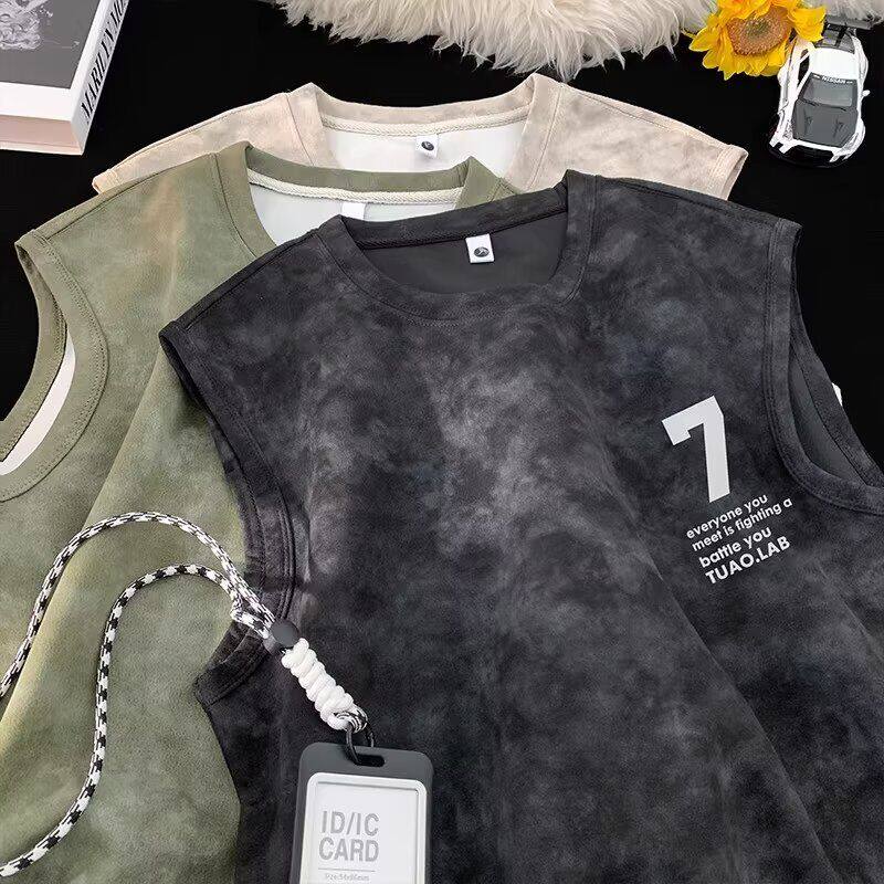 美式无袖t恤男简约宽肩砍袖夏季上衣青少年学生宽松运动坎肩背心