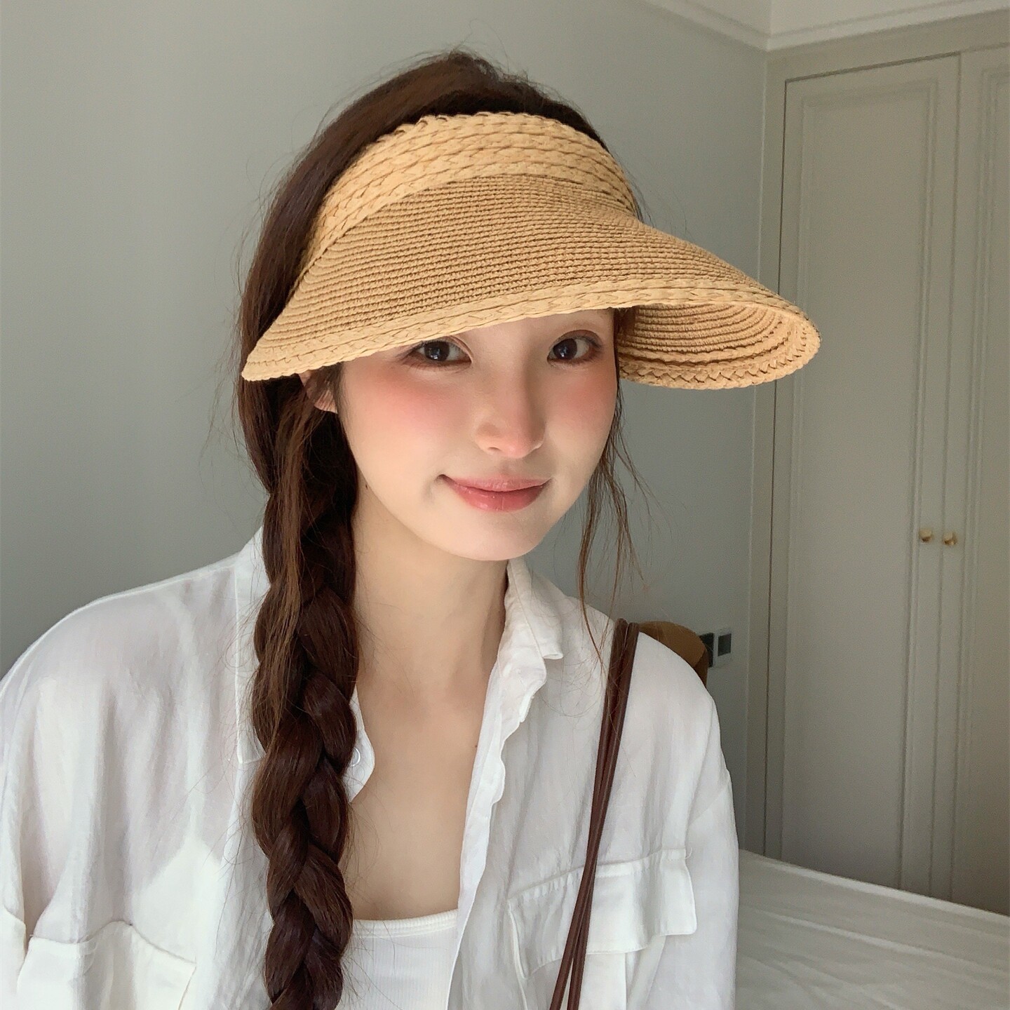 盛夏花园~新款草编空顶防晒帽女夏季户外大檐发箍式显脸小遮阳帽