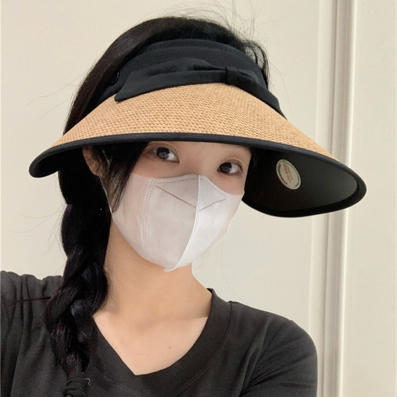 防晒帽女夏季新款日系大檐沙滩透气空顶草编蝴蝶结防紫外线遮阳帽