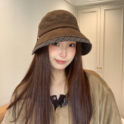 秋冬新款毛呢大檐拼色渔夫帽女