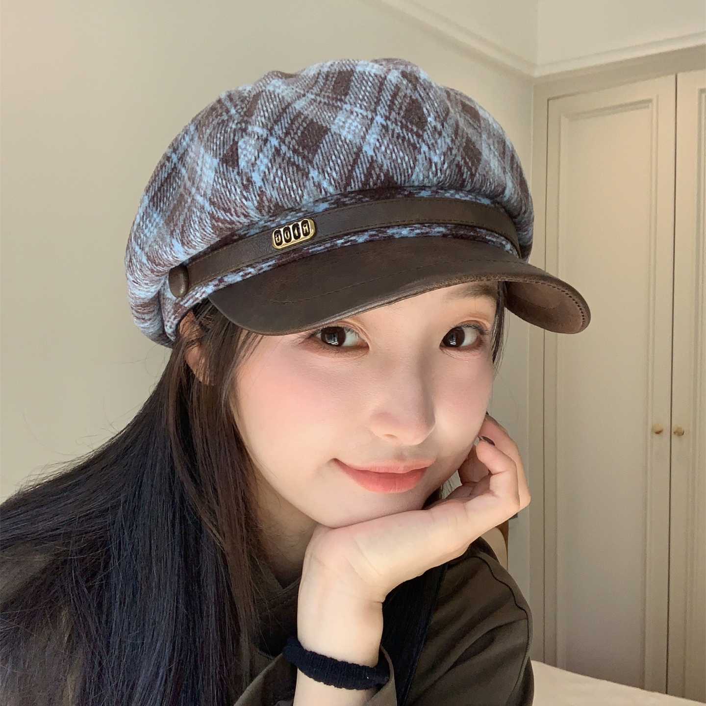 新款毛呢秋冬格纹复古贝雷帽女