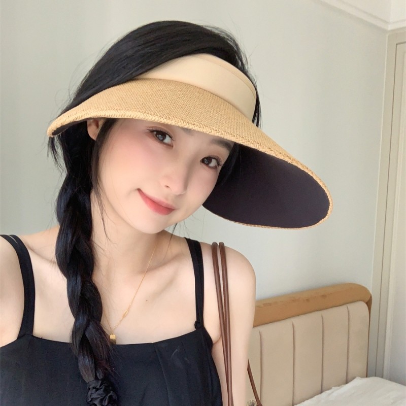恰逢夏日~新款草编沙滩大檐空顶防晒帽女户外骑车防紫外线遮阳帽