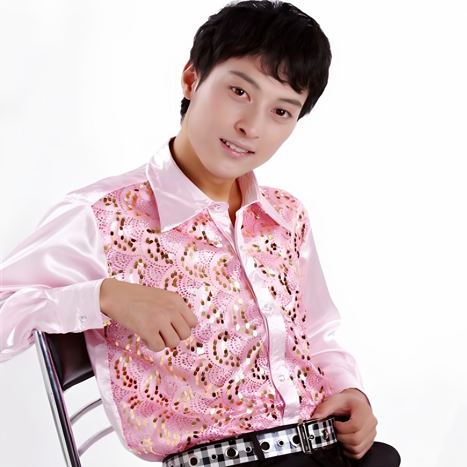 粉色亮片衬衣男士演出服衬衫舞蹈图片