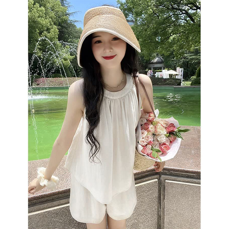 日本offcat休闲老钱风棉麻小套装2025夏季挂脖背心上衣小个子短裤