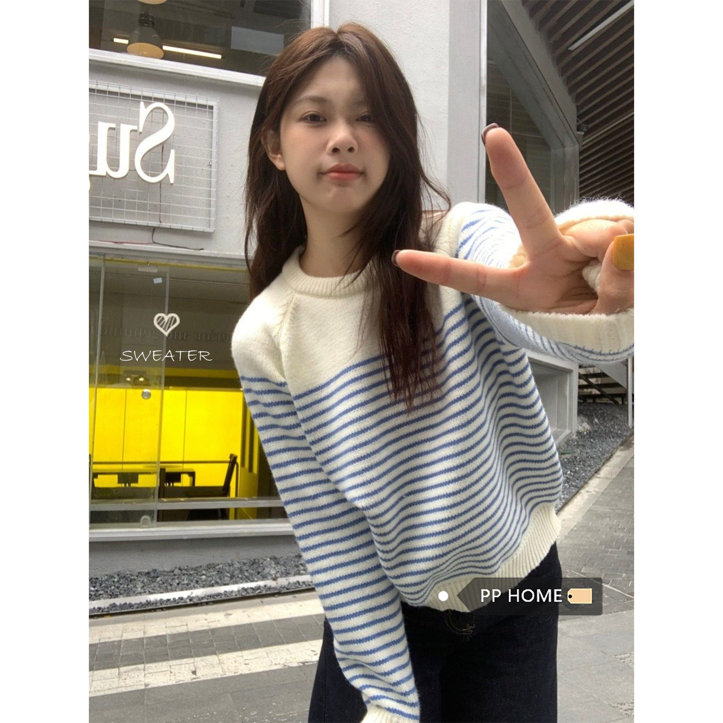 日本offcat甜美风蓝白条纹撞色圆领套头毛衣女秋冬宽松软糯针织衫