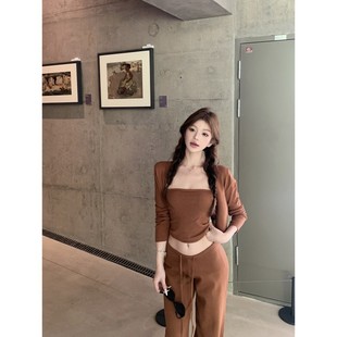 日本offcat时尚套装咖色针织开衫内搭抹胸背心女春季高腰抽绳阔腿